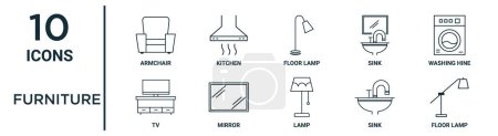 furniture outline icon set such as thin line armchair, floor lamp, washing hine, mirror, sink, floor lamp, tv icons for report, presentation, diagram, web design
