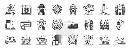 jeu de 24 icônes web argentine esquisse tels que pingouins, fête nationale, homme, christianisme, femme, jacaranda, icônes vectorielles de tour de lumière pour rapport, présentation, diagramme, conception web, application mobile