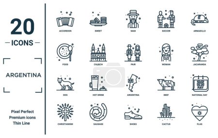 argentine ensemble d'icônes linéaires. comprend accordéon mince ligne, nourriture, chien, christianisme, drapeau, paire, icônes de la journée nationale pour le rapport, présentation, diagramme, conception web