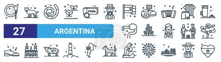 set of 27 outline web argentina icons such as food, dog, sausage, steak, cactus, church, penguins, flag vector thin line icons for web design, mobile app.