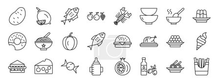Téléchargez les illustrations : Ensemble de 24 icônes de la gastronomie web telles que pomme de terre, citron, thon, fruits, homard, bols, icônes vectorielles de soupe pour rapport, présentation, diagramme, conception web, application mobile - en licence libre de droit