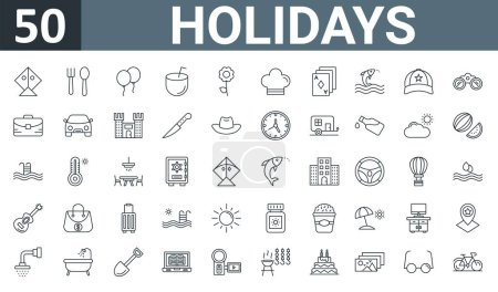 set of 50 outline web holidays icons such as kite, spoon and fork, balloons, coconut drink, flower, chef hat, poker cards vector thin icons for report, presentation, diagram, web design, mobile app.