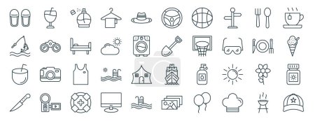set of 40 outline web holidays icons such as fresh juice, fishing, coconut drink, knife, cutlery, tea cup, steering wheel icons for report, presentation, diagram, web design, mobile app