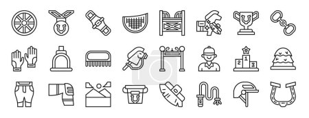 set of 24 outline web horse riding icons such as wheels, medal, girth, valtrap, stall, cleaning, trophy vector icons for report, presentation, diagram, web design, mobile app