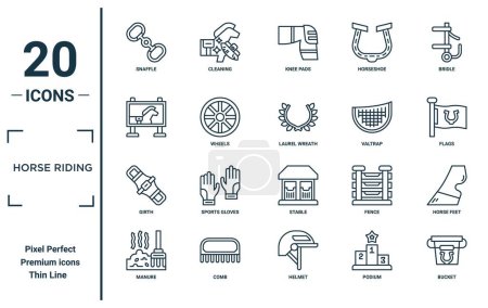 horse riding linear icon set. includes thin line snaffle, , girth, manure, bucket, laurel wreath, horse feet icons for report, presentation, diagram, web design