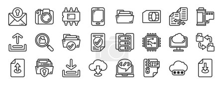 set of 24 outline web data storage icons such as mail, camera, rom, mobile phone, folder file, simcard, file transfer vector icons for report, presentation, diagram, web design, mobile app