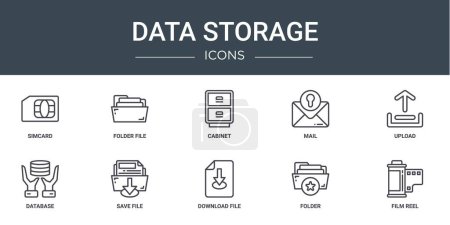 set of 10 outline web data storage icons such as simcard, folder file, cabinet, mail, upload, database, save file vector icons for report, presentation, diagram, web design, mobile app