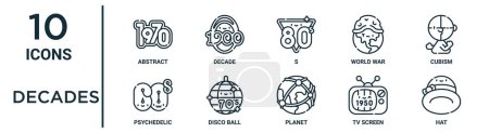 decades outline icon set such as thin line abstract, s, cubism, disco ball, tv screen, hat, psychedelic icons for report, presentation, diagram, web design
