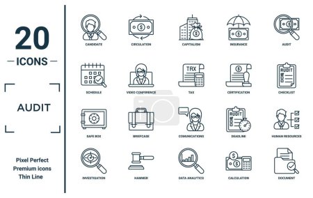 Photo for Audit linear icon set. includes thin line candidate, schedule, safe box, investigation, document, tax, human resources icons for report, presentation, diagram, web design - Royalty Free Image