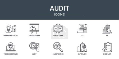 set of 10 outline web audit icons such as human resources, presentation, circulation, tax, as, video conference, audit vector icons for report, presentation, diagram, web design, mobile app