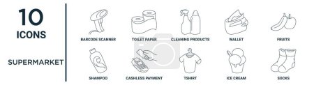 Illustration for Supermarket outline icon set such as thin line barcode scanner, cleaning products, fruits, cashless payment, ice cream, socks, shampoo icons for report, presentation, diagram, web design - Royalty Free Image