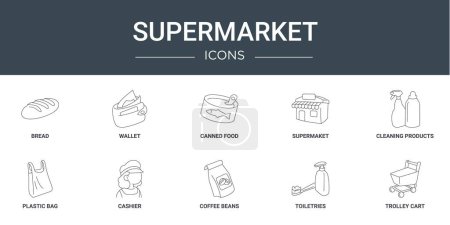 Ilustración de Conjunto de 10 iconos del supermercado web esquema tales como pan, cartera, alimentos enlatados, supermaket, productos de limpieza, bolsa de plástico, iconos de vector de cajero para el informe, presentación, diagrama, diseño web, aplicación móvil - Imagen libre de derechos