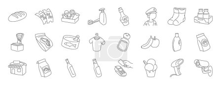 Ilustración de Conjunto de 24 iconos del supermercado web esquema tales como pan, cupón, dulces, artículos de tocador, ketchup, guardia de seguridad, iconos vector calcetines para el informe, presentación, diagrama, diseño web, aplicación móvil - Imagen libre de derechos