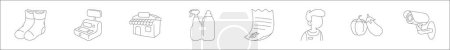 Ilustración de Esquema conjunto de iconos de línea de supermercado. iconos vectoriales lineales como calcetines, hine cajero, supermaket, productos de limpieza, recibo, asistente de ventas, verduras, cámara cctv - Imagen libre de derechos