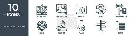 geodetic survey collection. outline icon set includes thin line water well, map location, sketch, ting, tacheometer, globe, worker icons for report, presentation, diagram, web design