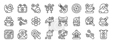set of 24 outline web sakura festival icons such as hanami, calendar, confetti, lantern, biwa, dont pick, tea vector icons for report, presentation, diagram, web design, mobile app