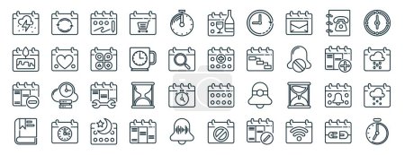 Photo for Set of 40 outline web calendar and date icons such as sync, birthday, delete event, book, add event, clock, party icons for report, presentation, diagram, web design, mobile app - Royalty Free Image