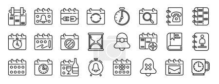 set of 24 outline web calendar and date icons such as workout, notification, disconnect, sync, timer, search, phone book vector icons for report, presentation, diagram, web design, mobile app