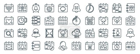 set of 40 outline web calendar and date icons such as medical appointment, valentines day, search, email, storm, phone book, silent icons for report, presentation, diagram, web design, mobile app