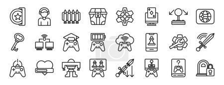 set of 24 outline web game icons such as coin, gamer, ammo, treasure chest, gear, online poker, joystick vector icons for report, presentation, diagram, web design, mobile app