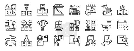 Illustration for Set of 24 outline web logistics icons such as order confirm, loading, packages, box, express shipping, processing time, mail vector icons for report, presentation, diagram, web design, mobile app - Royalty Free Image