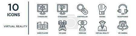 virtual reality outline icon set such as thin line d modeling, controller, headphones, vr game, virtual reality, vr camera, video player icons for report, presentation, diagram, web design