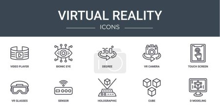 Satz von 10 Umrissen Web Virtual-Reality-Symbole wie Videoplayer, bionisches Auge, Grad, VR-Kamera, Touchscreen, VR-Brille, Sensor-Vektor-Symbole für Bericht, Präsentation, Diagramm, Webdesign, Handy