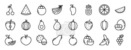 Photo for Set of 24 outline web fruits icons such as cherry, watermelon, mangosteen, banana, mango, pine, lemon vector icons for report, presentation, diagram, web design, mobile app - Royalty Free Image