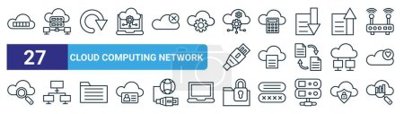 set of 27 outline web cloud computing network icons such as queue, hosting, refresh, calculating, data storage, network, data protection, statistic vector thin line icons for web design, mobile app.