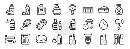 set of 24 outline web beauty icons such as makeup remover, hair mousse, perfume, spray bottle, mirror, makeup palette, bathtub vector icons for report, presentation, diagram, web design, mobile app
