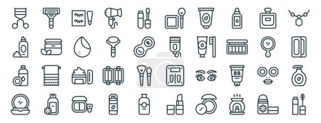 set of 40 outline web beauty icons such as razor, hair mousse, makeup remover, powder, mirror, necklace, blush icons for report, presentation, diagram, web design, mobile app