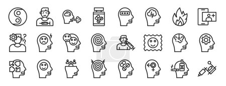 set of 24 outline web disorder icons such as yin yang, drug addict, inhale, pills, hypersexual, ptsd, fire vector icons for report, presentation, diagram, web design, mobile app