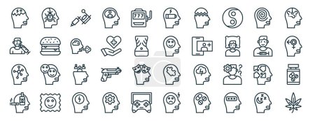 Illustration for Set of 40 outline web disorder icons such as phobia, plastic surgery, psychology, alcoholism, drug addict, dyslexia, burn out icons for report, presentation, diagram, web design, mobile app - Royalty Free Image