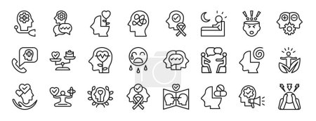 Ilustración de Conjunto de 24 iconos de la salud mental web contorno como psiquiatra, comportamiento cognitivo, atención plena, trastorno mental, conciencia, trastorno del sueño, trastorno obsesivo compulsivo vector iconos para el informe, - Imagen libre de derechos