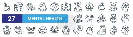 Photo for Set of 27 outline web mental health icons such as loneliness, counseling, campaign, awareness day, work life balance, campaign, helpline, mental care vector thin line icons for web design, mobile - Royalty Free Image