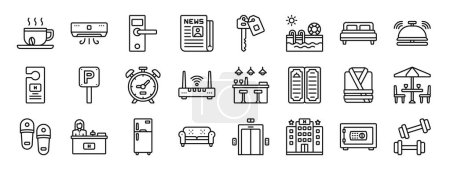 Satz von 24 umrissenen Web-Hotel-Symbolen wie Kaffeetasse, Klimaanlage, Türgriff, Zeitung, Zimmerschlüssel, Schwimmbad, Doppelbett-Vektor-Symbole für Bericht, Präsentation, Diagramm, Webdesign, Handy