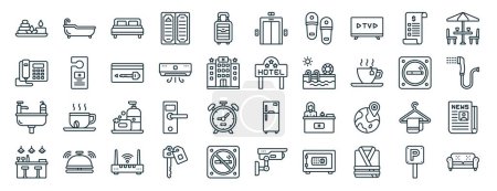 set of 40 outline web hotel icons such as bathtub, telephone, sink, bar, smoking area, terrace, elevator icons for report, presentation, diagram, web design, mobile app