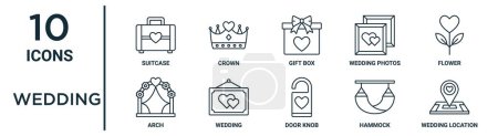 wedding outline icon set such as thin line suitcase, gift box, flower, wedding, hammock, wedding location, arch icons for report, presentation, diagram, web design