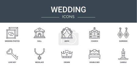 set of 10 outline web wedding icons such as wedding photos, hall, arch, church, earrings, love key, necklace vector icons for report, presentation, diagram, web design, mobile app