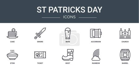 set of 10 outline web st patricks day icons such as cake, sword, beer, accordion, church, stew, ticket vector icons for report, presentation, diagram, web design, mobile app