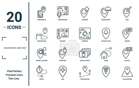 Photo for Navigation and map linear icon set. includes thin line disconnect, destination, share location, route, placeholder, refresh, school icons for report, presentation, diagram, web design - Royalty Free Image