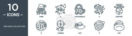Photo for Decades collection. outline icon set includes thin line tank, s, psychedelic, s, century, s, cubism icons for report, presentation, diagram, web design - Royalty Free Image