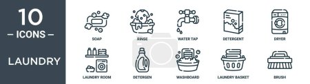 Das Wäschesymbol-Set umfasst Dünnseife, Spülmittel, Wasserhahn, Waschmittel, Trockner, Waschküche, Reinigungsmittel-Symbole für Bericht, Präsentation, Diagramm, Webdesign