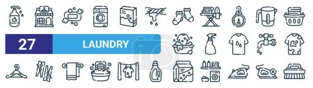 set of 27 outline web laundry icons such as liquid soap, laundry shop, soap, ironing board, spray, peg, washing hine, brush vector thin line icons for web design, mobile app.