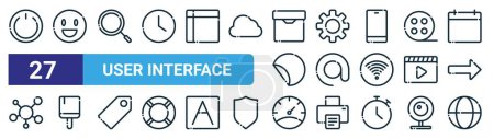 set of 27 outline web user interface icons such as power, emot, discovery, cog, at, theme, gauge, internet vector thin line icons for web design, mobile app.