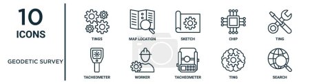 Illustration for Geodetic survey outline icon set such as thin line tings, sketch, ting, worker, ting, search, tacheometer icons for report, presentation, diagram, web design - Royalty Free Image