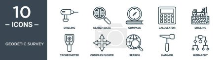 Illustration for Geodetic survey outline icon set includes thin line drilling, search data, compass, calculator, drilling, tacheometer, compass flower icons for report, presentation, diagram, web design - Royalty Free Image