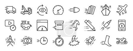 Photo for Set of 24 outline web speed related icons such as fast delivery, tow truck, eye, speedometer, bullet, docs, ship vector icons for report, presentation, diagram, web design, mobile app - Royalty Free Image