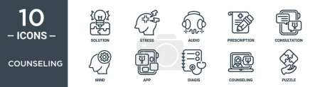 Photo for Counseling outline icon set includes thin line solution, stress, audio, prescription, consultation, mind, app icons for report, presentation, diagram, web design - Royalty Free Image