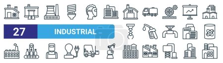 set of 27 outline web industrial icons such as industry, storage unit, nuclear plant, tanker truck, fuel nozzle, production line, industry, industry vector thin line icons for web design, mobile